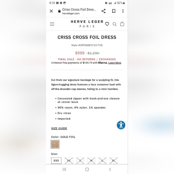 Herve Leger gold shimmer criss cross foil bodycon bandage dress XS NWT - Picture 11 of 13